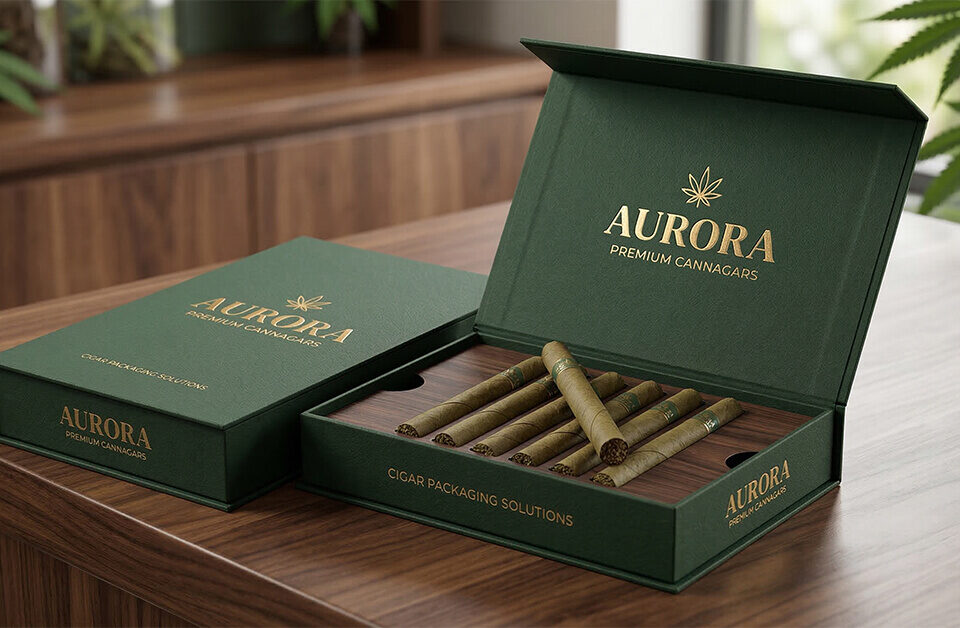 An open custom rigid paper cigar packaging box made of textured forest green paper with gold foil stamping and embossed branding reveals six natural leaf cannabis cannagars on a dark wood insert within a sophisticated dispensary background.