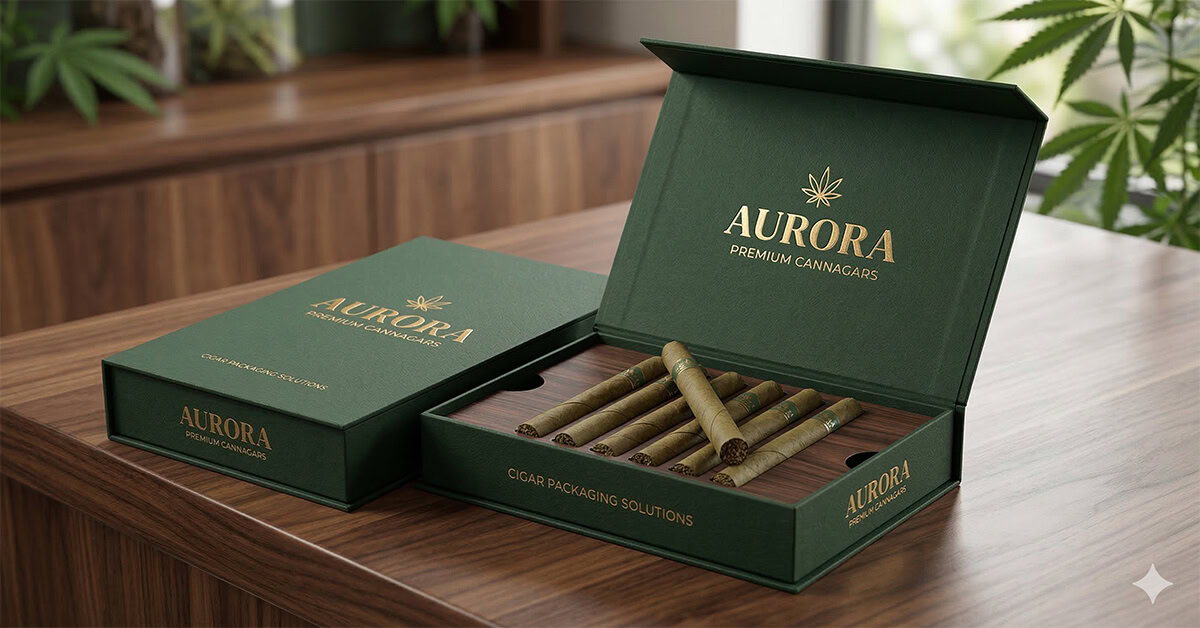 An open custom rigid paper cigar packaging box made of textured forest green paper with gold foil stamping and embossed branding reveals six natural leaf cannabis cannagars on a dark wood insert within a sophisticated dispensary background.