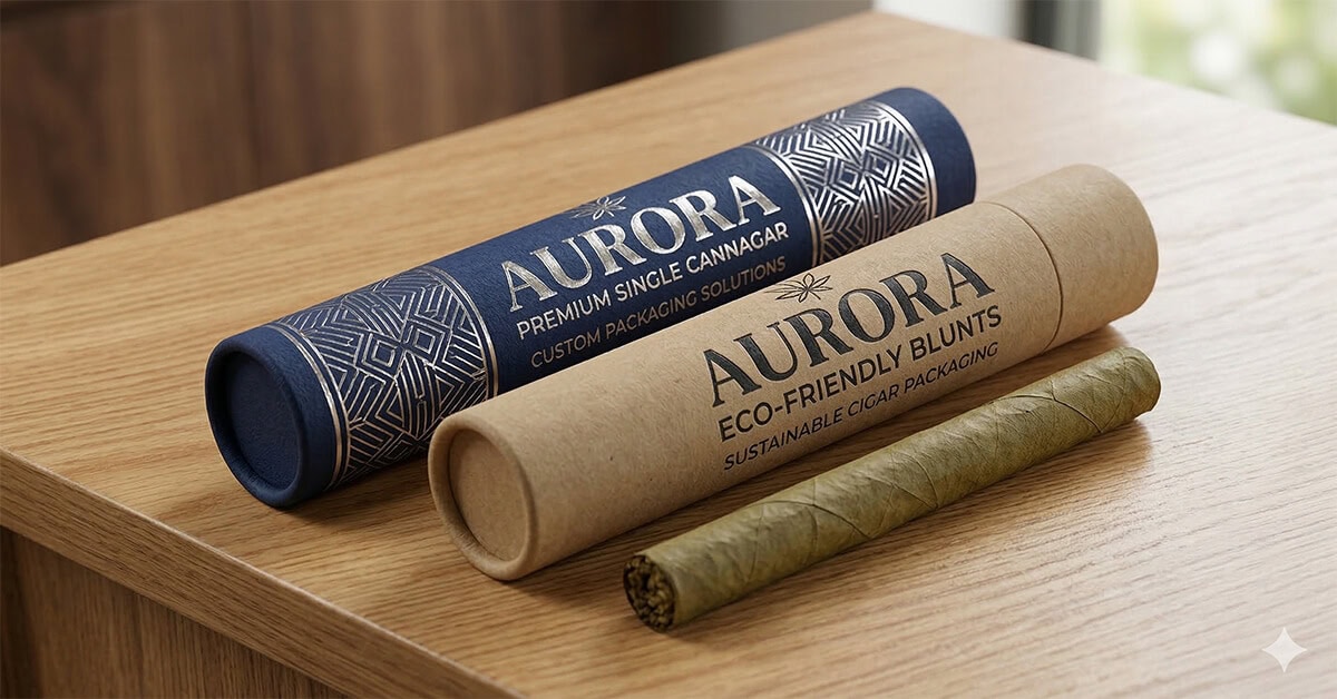 A deep navy blue rigid paper cigar tube with shimmering silver foil stamping rests angled next to a tactile natural kraft paperboard tube with embossed black branding and a leaf-wrapped cannabis product on a polished oak wood surface.