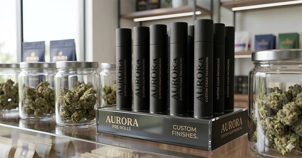 Matte black rigid paper cigar tubes featuring high-gloss selective spot UV coating on the logos and 'CUSTOM CIGAR PACKAGING' text stand neatly in a branded acrylic display tray, catching bright natural light on a modern cannabis dispensary retail counter next to blurred jars of flower.