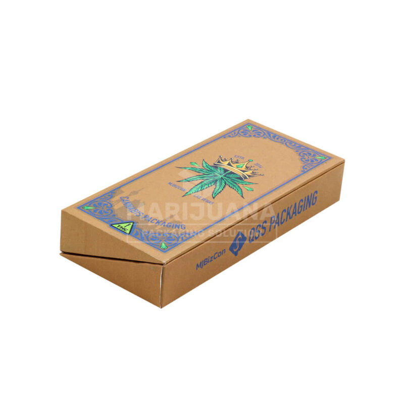 Closed brown vape packaging boxes showing the sleek slanted profile and custom printing.