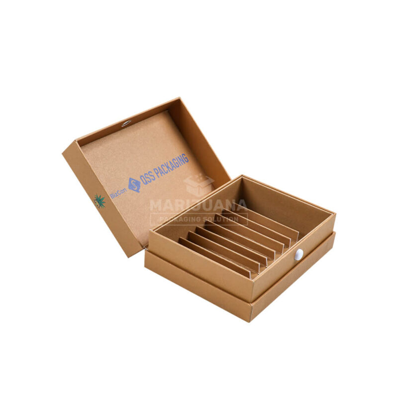 Open kraft custom cigar boxes showing internal paper separators and branding.