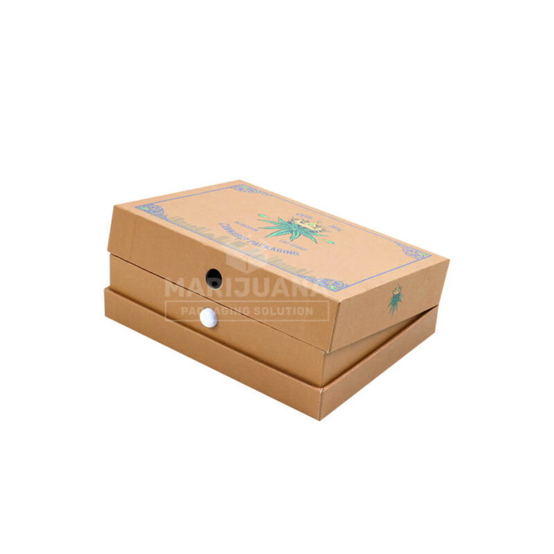 Closed custom cigar box featuring gold foil stamping and child-resistant locking mechanism.