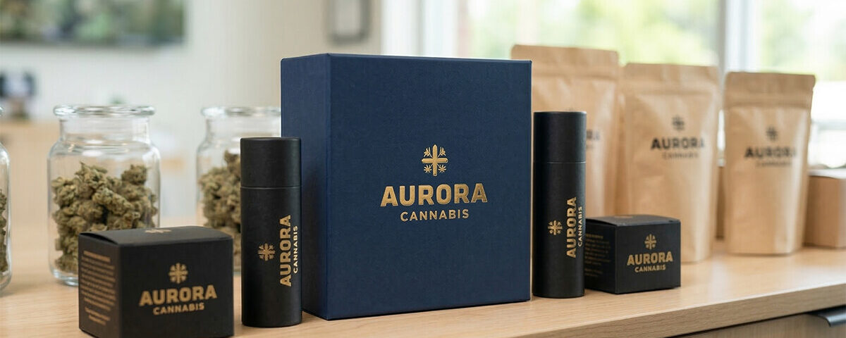 custom weed packaging rigid boxes and cardboard tubes displayed in a dispensary
