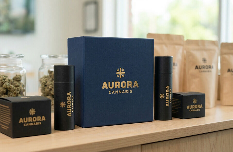 custom weed packaging rigid boxes and cardboard tubes displayed in a dispensary