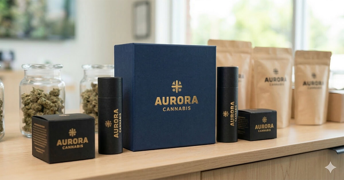 custom weed packaging rigid boxes and cardboard tubes displayed in a dispensary