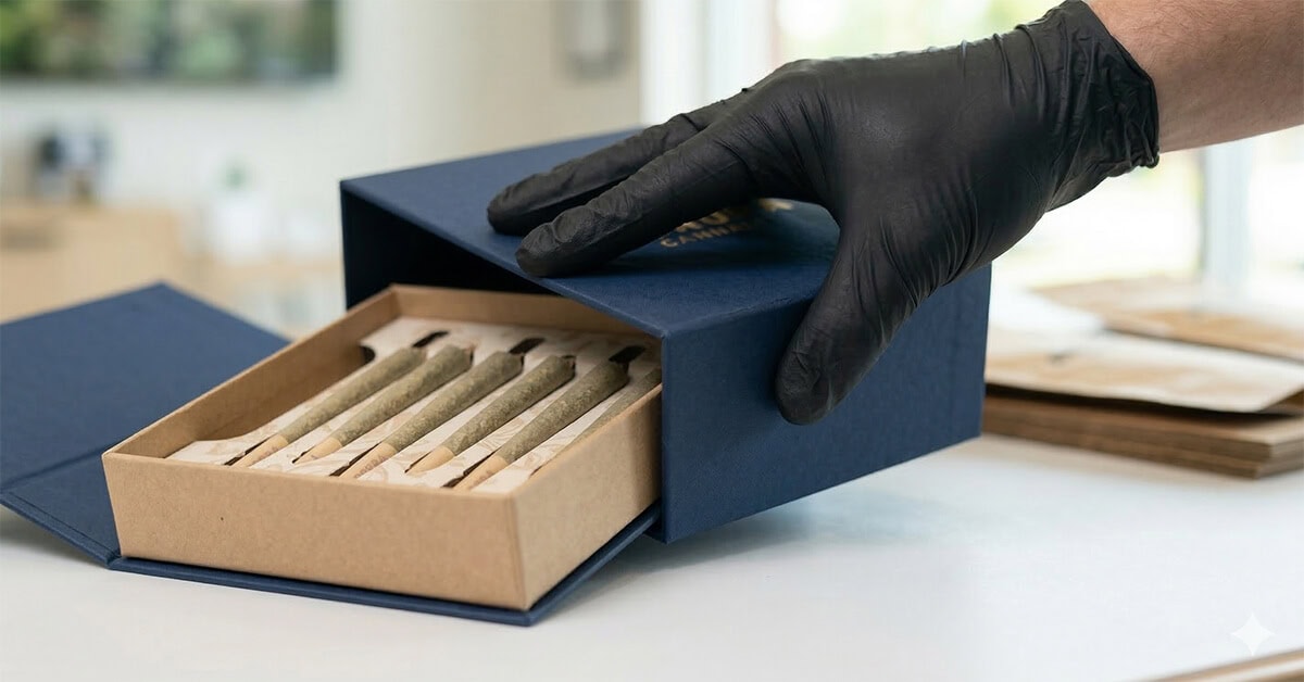a rigid custom weed packaging slide box with several pre-rolls packed in