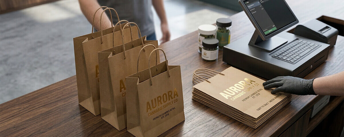 a lot of customized paper bags new and used in a dispensary