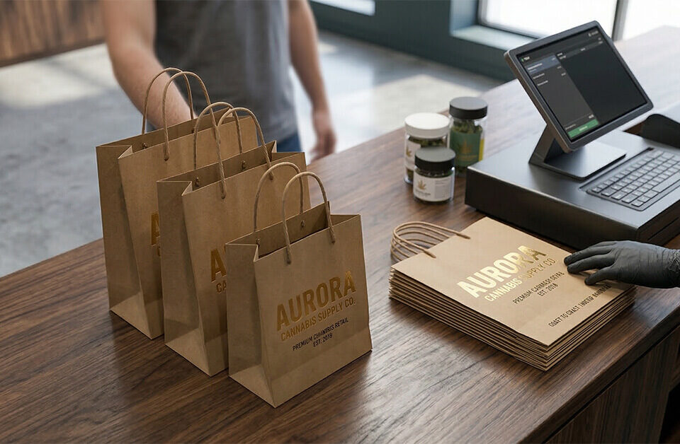 a lot of customized paper bags new and used in a dispensary