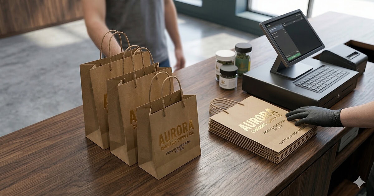 a lot of customized paper bags new and used in a dispensary