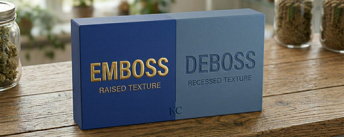 emboss vs deboss finishing effect showing on the same box
