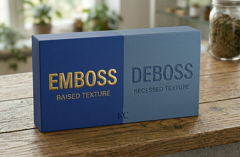 emboss vs deboss finishing effect showing on the same box