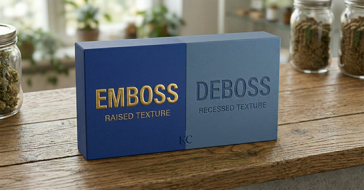 emboss vs deboss finishing effect showing on the same box