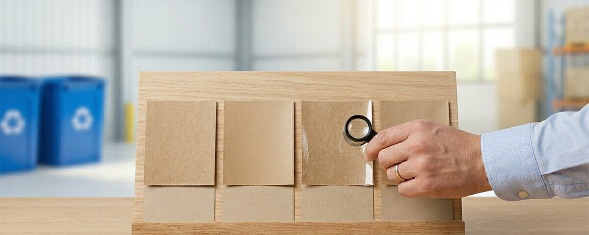 a guy using a microscope to check different coating of kraft paper to check is kraft paper recyclable