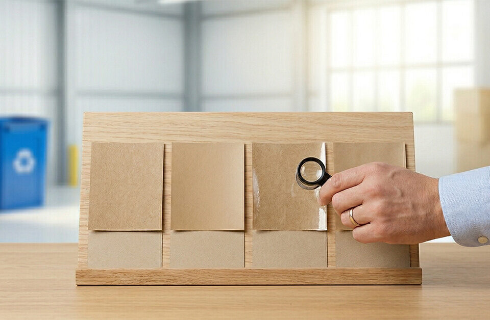 a guy using a microscope to check different coating of kraft paper to check is kraft paper recyclable