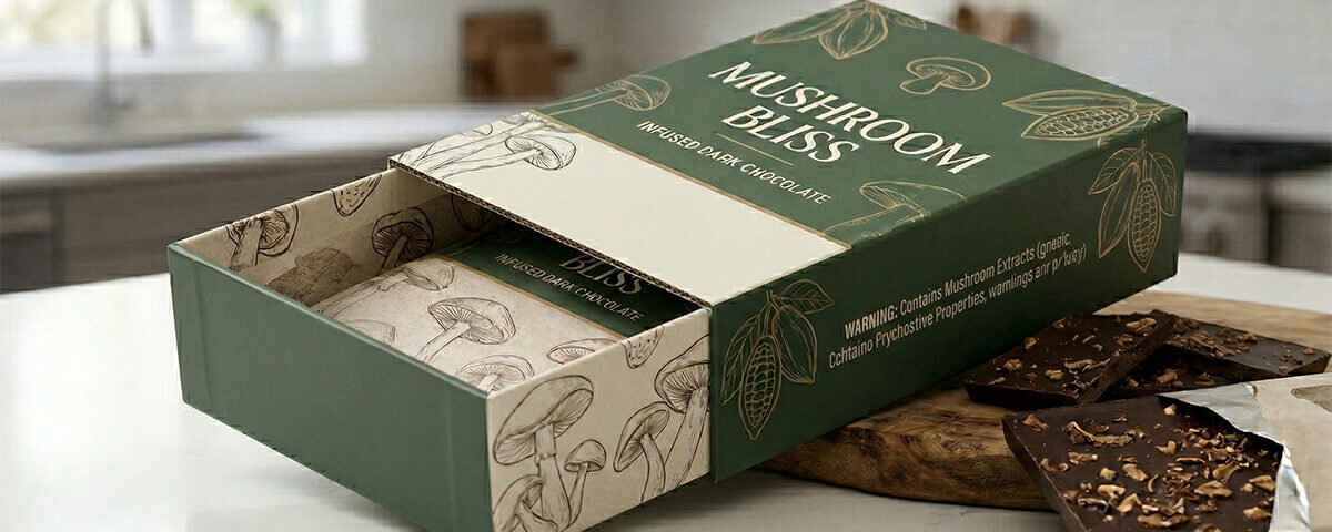a mushroom chocolate packaging slide box with some chocolates aside