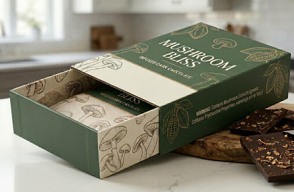 a mushroom chocolate packaging slide box with some chocolates aside
