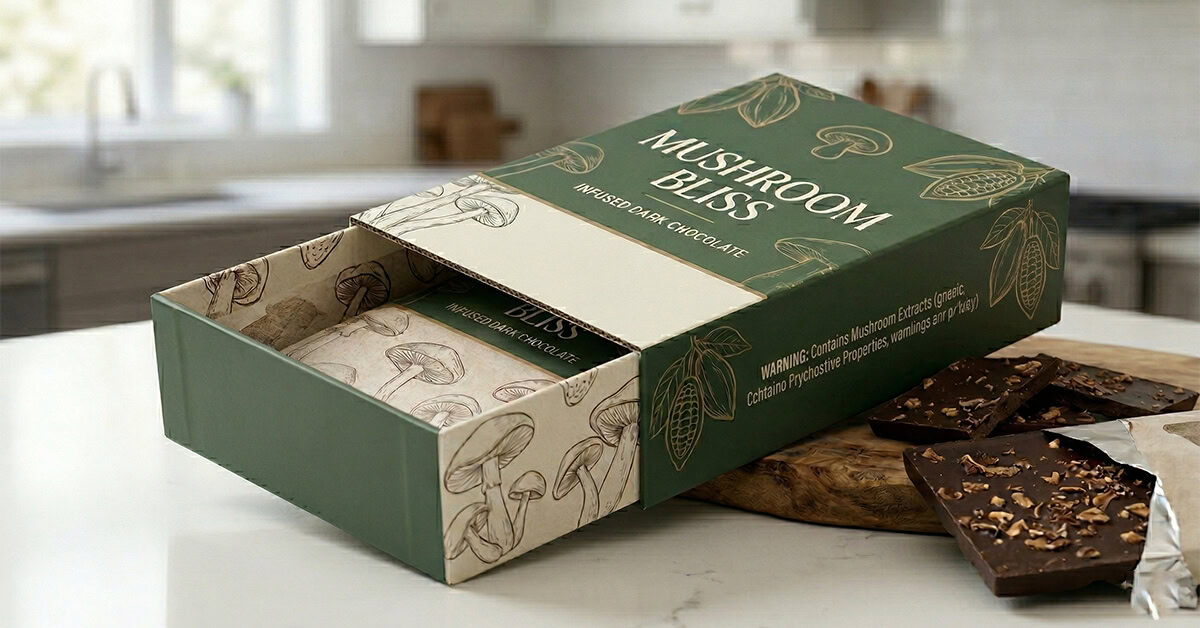 a mushroom chocolate packaging slide box with some chocolates aside