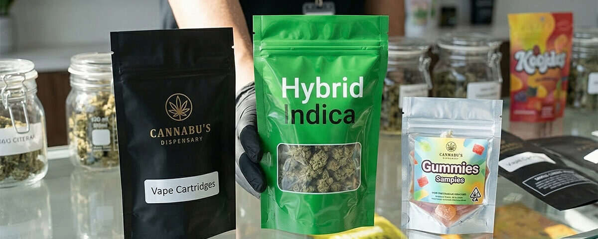 different types of custom printed mylar smell proof bags displayed in a shop