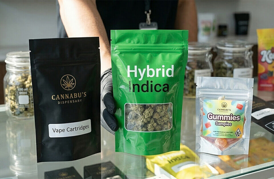 different types of custom printed mylar smell proof bags displayed in a shop