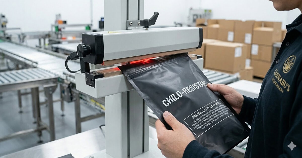 A manufacturing operator uses an industrial heat sealer machine to close a matte black mylar smell proof bag that displays prominent child-resistant warning text.