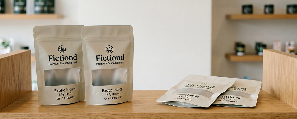 Two white stand-up pouches and two flat lay 8th weed bags displayed on a wooden retail shelf.