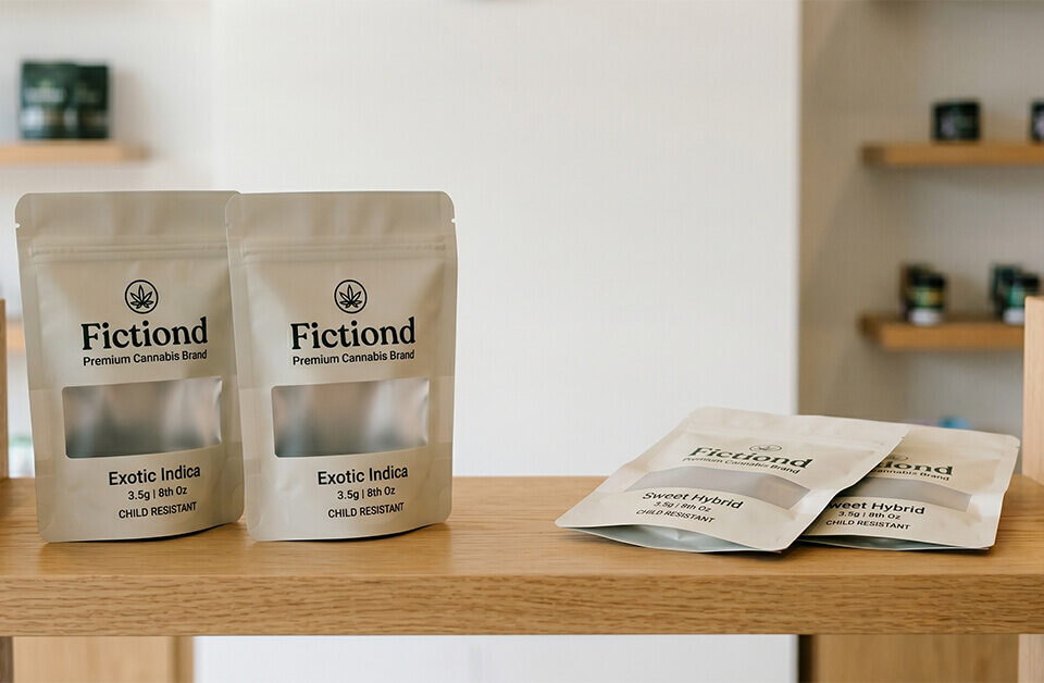 Two white stand-up pouches and two flat lay 8th weed bags displayed on a wooden retail shelf.