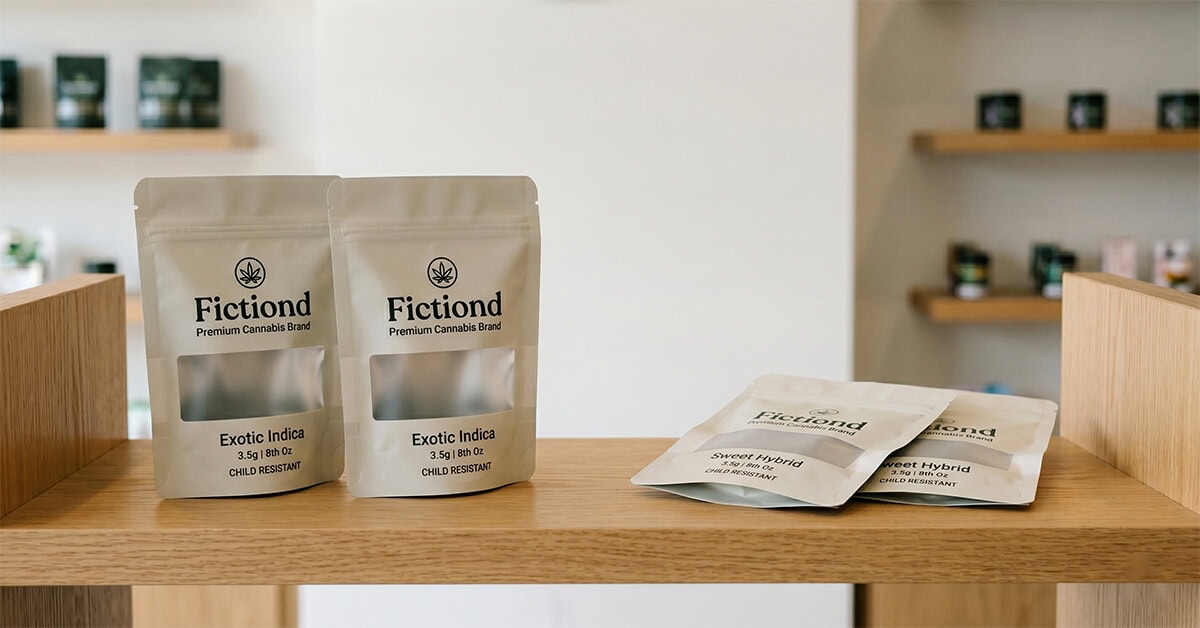 Two white stand-up pouches and two flat lay 8th weed bags displayed on a wooden retail shelf.