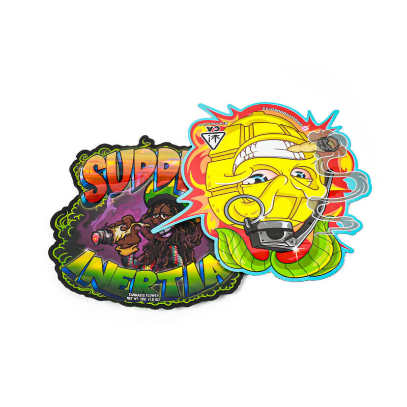 Detailed view of two custom die cut mylar bags highlighting complex edge profiles.