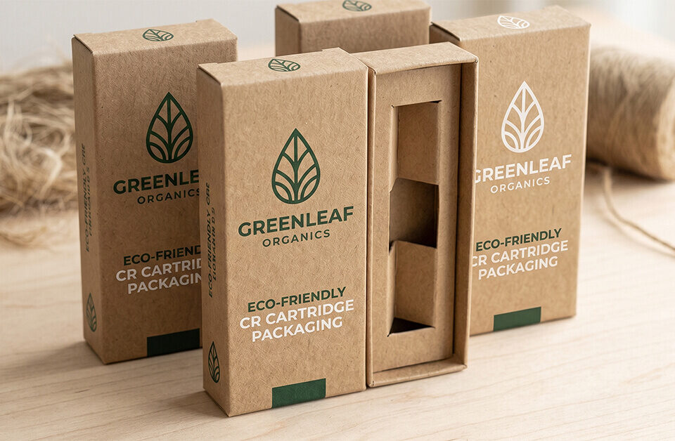 A close-up photograph of several standing eco-friendly paper vape cartridge packaging boxes on a wood surface, featuring a green leaf logo.