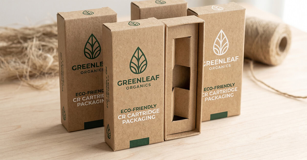 A close-up photograph of several standing eco-friendly paper vape cartridge packaging boxes on a wood surface, featuring a green leaf logo.