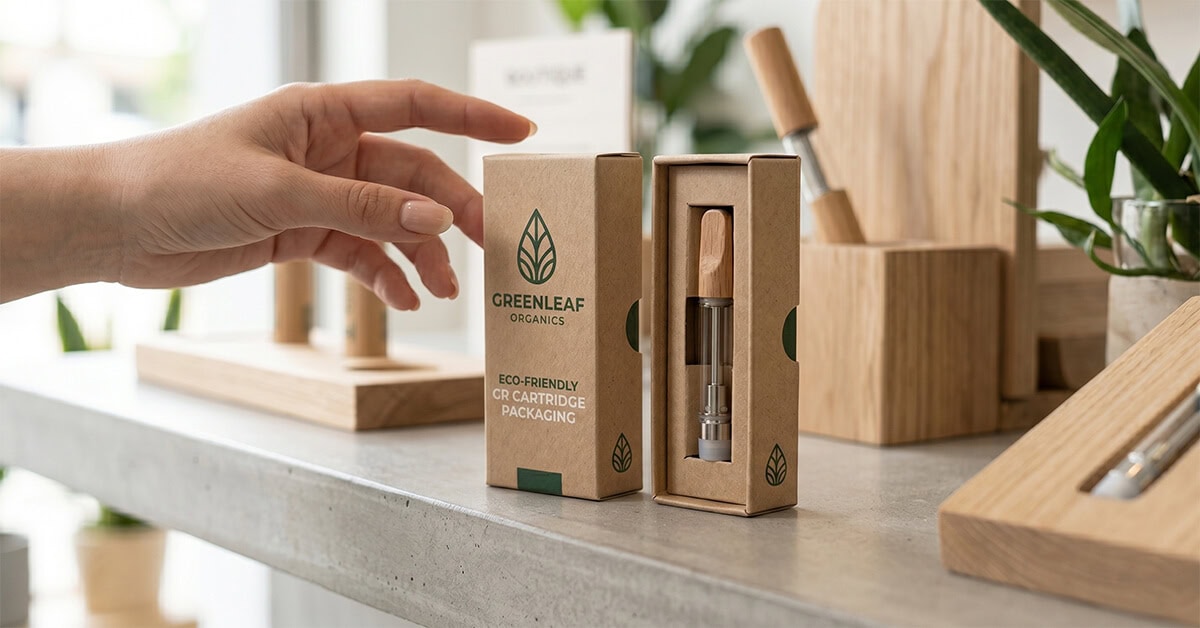 A side-by-side view of a closed sustainable kraft paper box next to an open box displaying a vape cartridge inside.