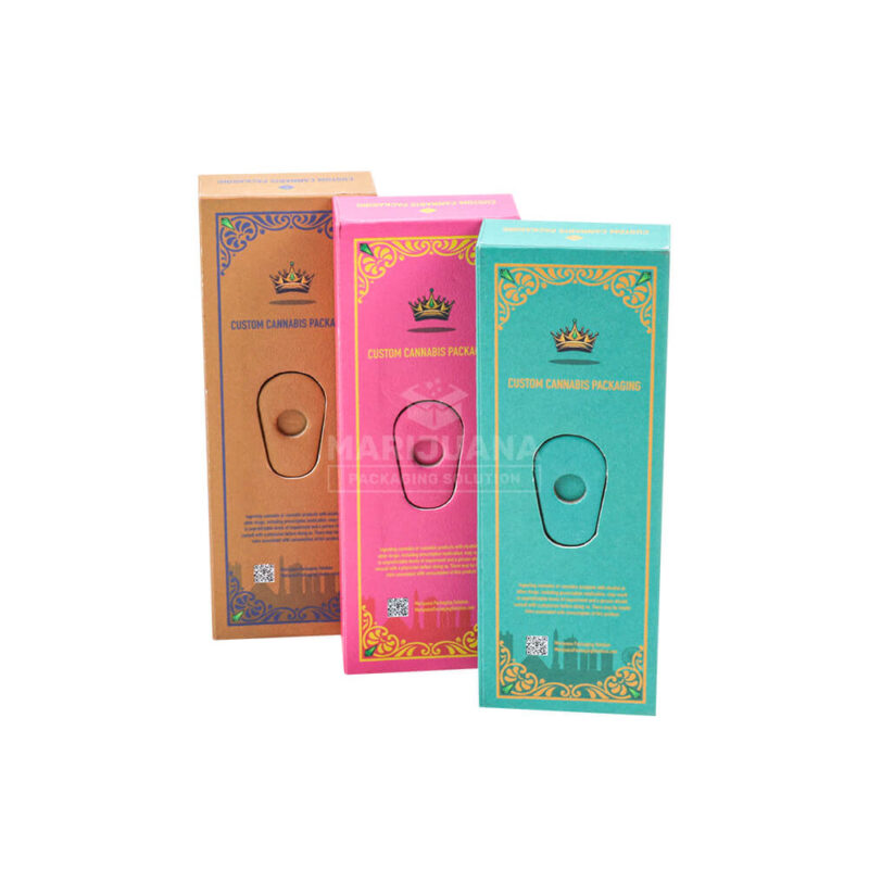 An opened custom paper child proof box with two different customized paper insert designs holding a cartridge and a tool.