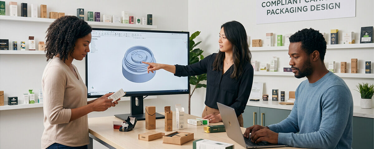 A team of packaging professionals collaborating on compliant cannabis packaging designs, reviewing a 3D child-resistant mechanism on a monitor alongside physical paper box prototypes.