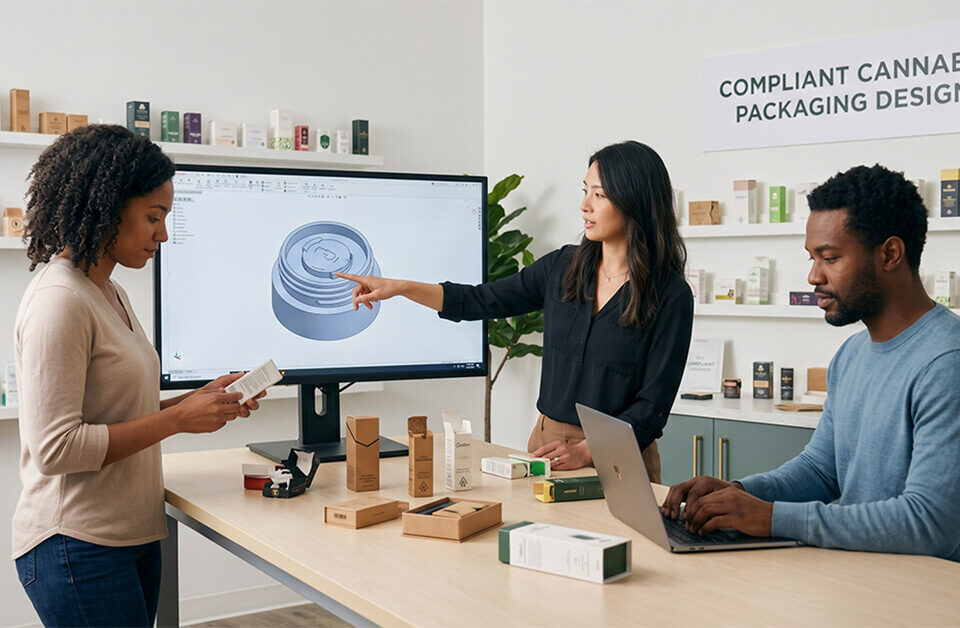 A team of packaging professionals collaborating on compliant cannabis packaging designs, reviewing a 3D child-resistant mechanism on a monitor alongside physical paper box prototypes.