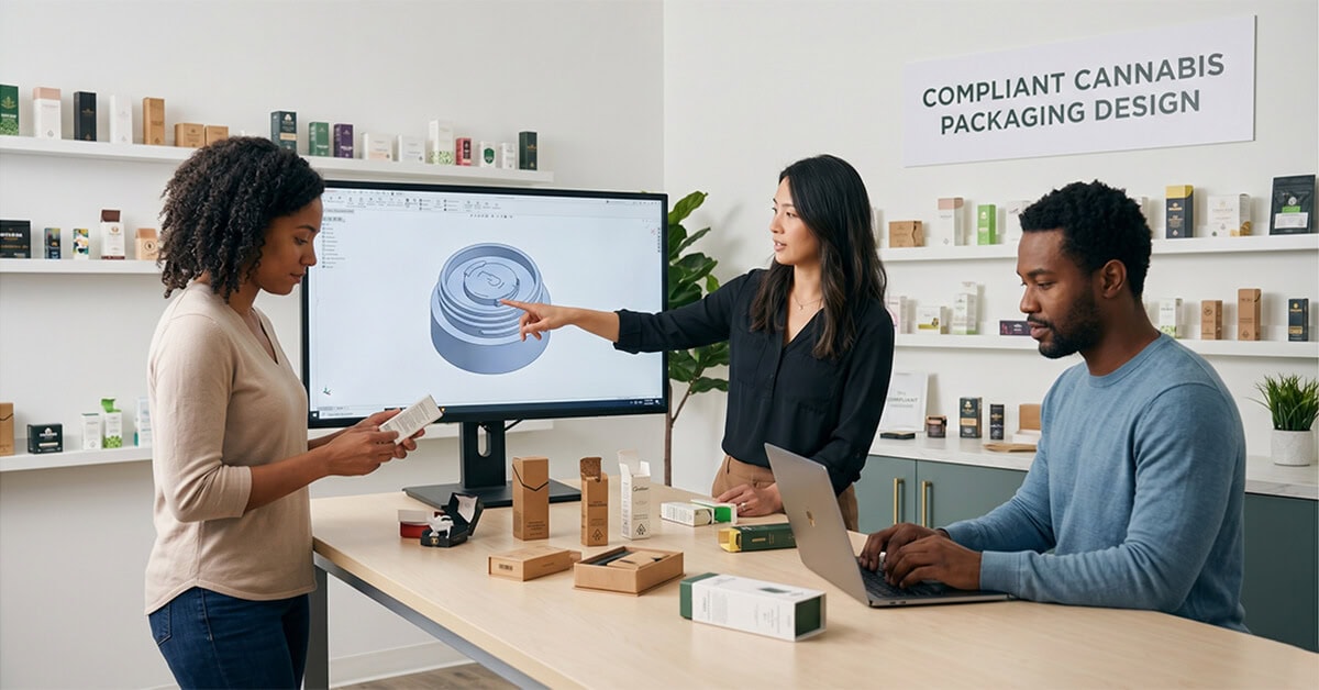 A team of packaging professionals collaborating on compliant cannabis packaging designs, reviewing a 3D child-resistant mechanism on a monitor alongside physical paper box prototypes.