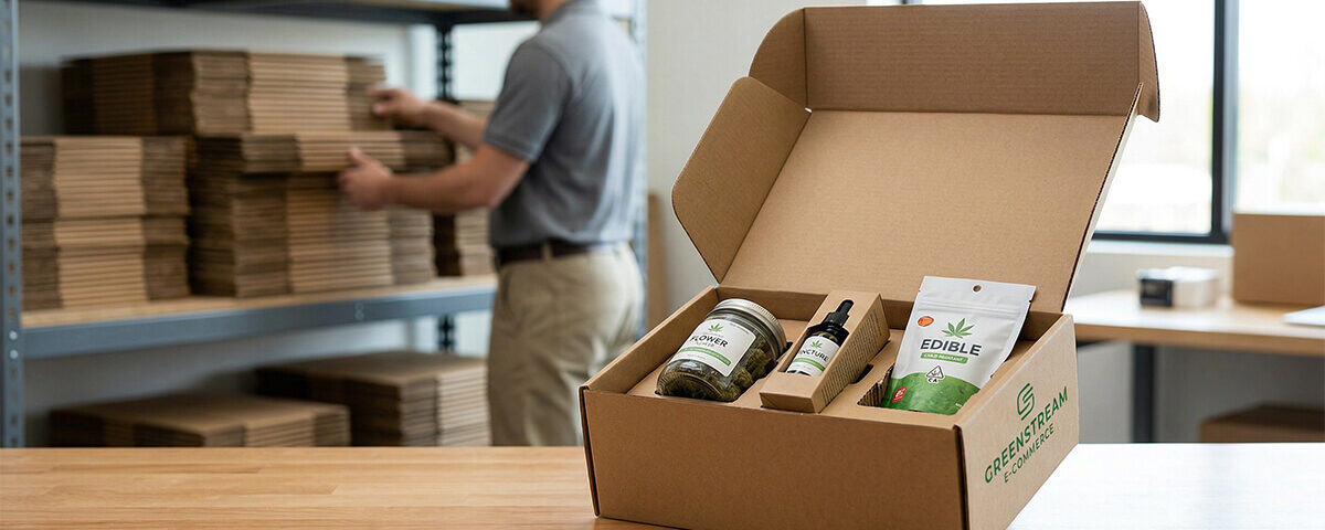 Open corrugated carton box with packed cannabis products on a table in a fulfillment warehouse.