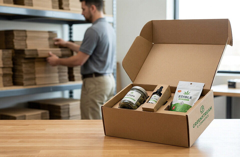 Open corrugated carton box with packed cannabis products on a table in a fulfillment warehouse.