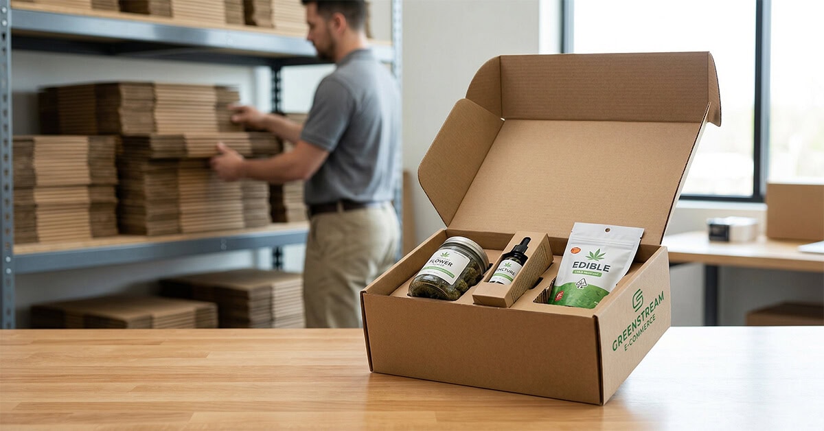 Open corrugated carton box with packed cannabis products on a table in a fulfillment warehouse.