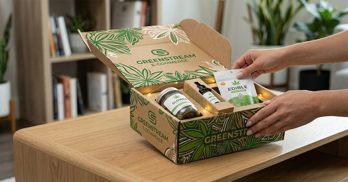 Hands opening a custom-printed corrugated carton box containing various cannabis products in a living room setting.