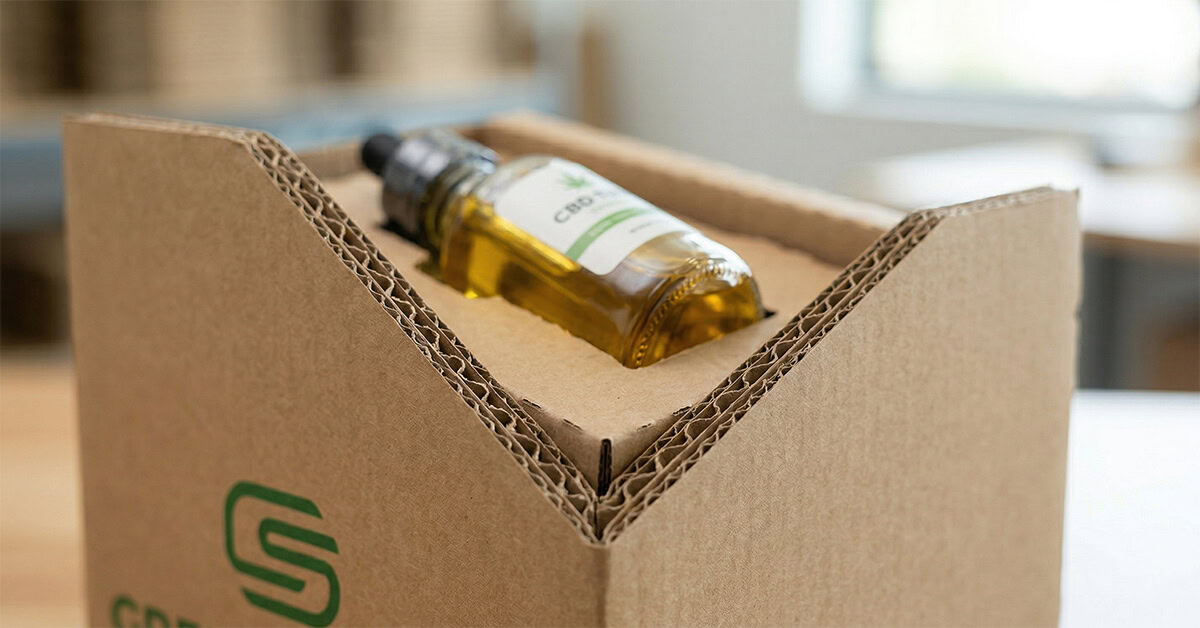 Close-up of a glass CBD tincture bottle secured within a protective corrugated cardboard insert.