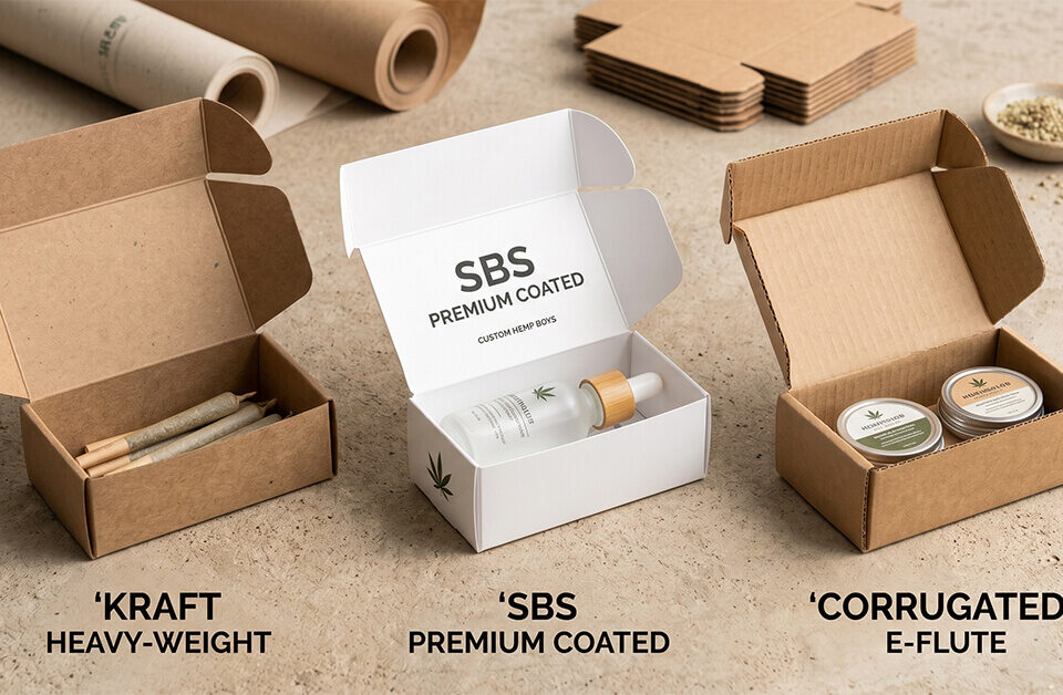 A side-by-side comparison of three custom hemp boxes showing Kraft, SBS, and corrugated cardstock materials.