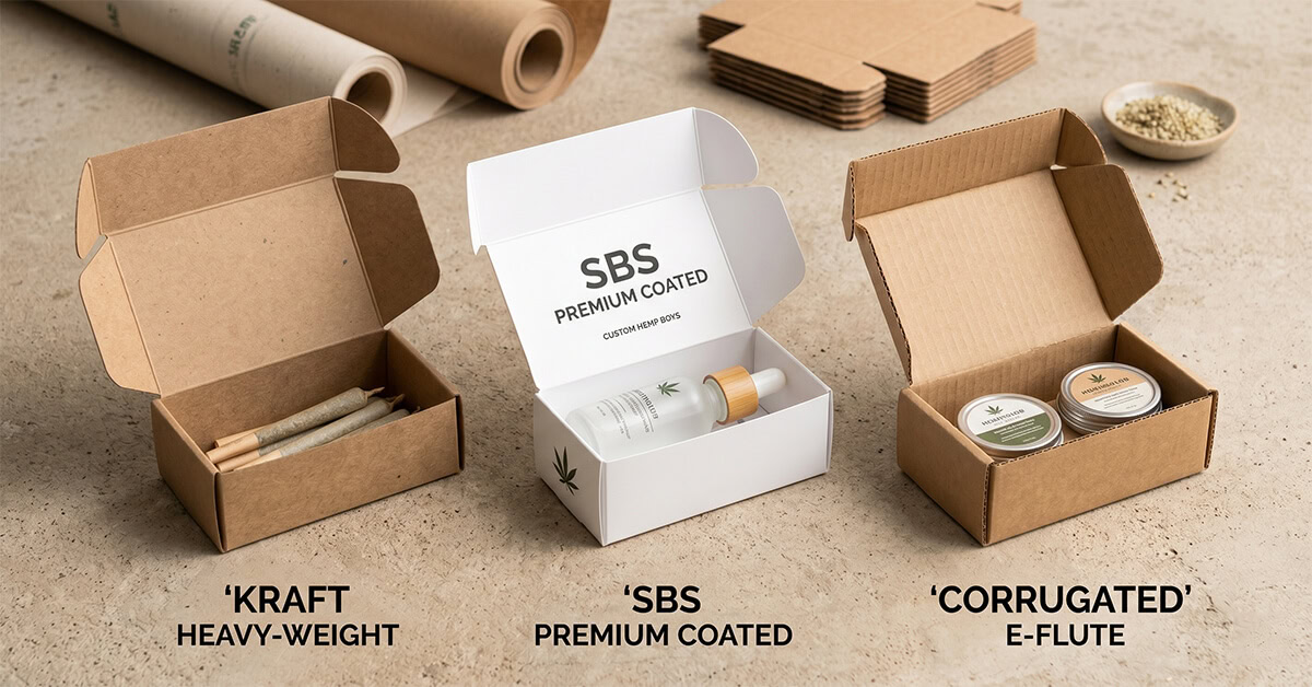 A side-by-side comparison of three custom hemp boxes showing Kraft, SBS, and corrugated cardstock materials.