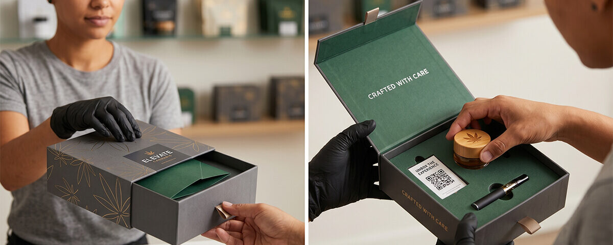 a person's hands opening and presenting a premium cannabis drawer gift box