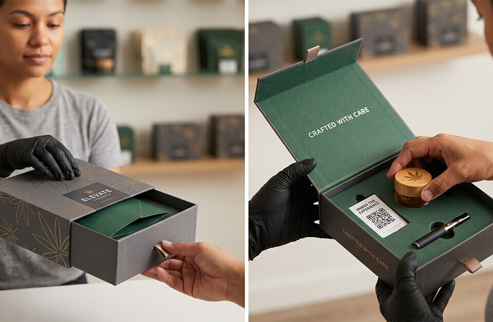 a person's hands opening and presenting a premium cannabis drawer gift box