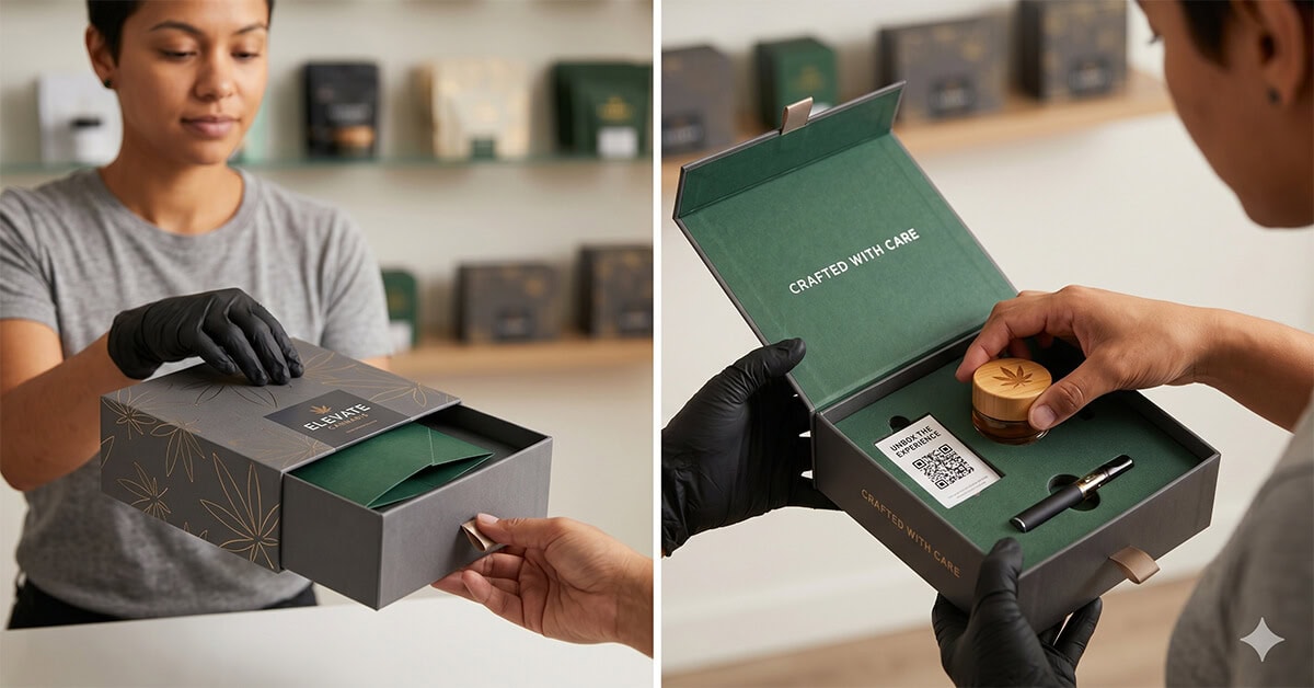 a person's hands opening and presenting a premium cannabis drawer gift box