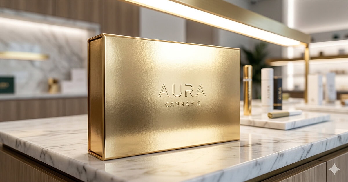 Shimmering gold cannabis box on marble dispensary counter.