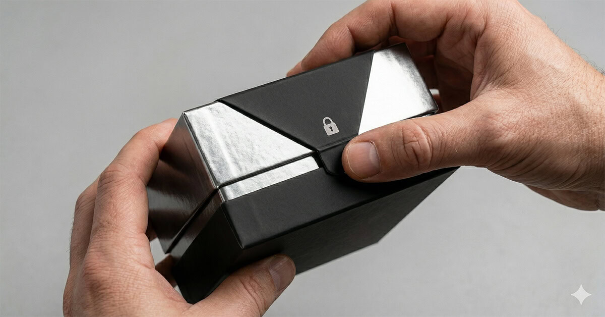 Hands demonstrating integrated child-resistant lock on matte black and silver box.