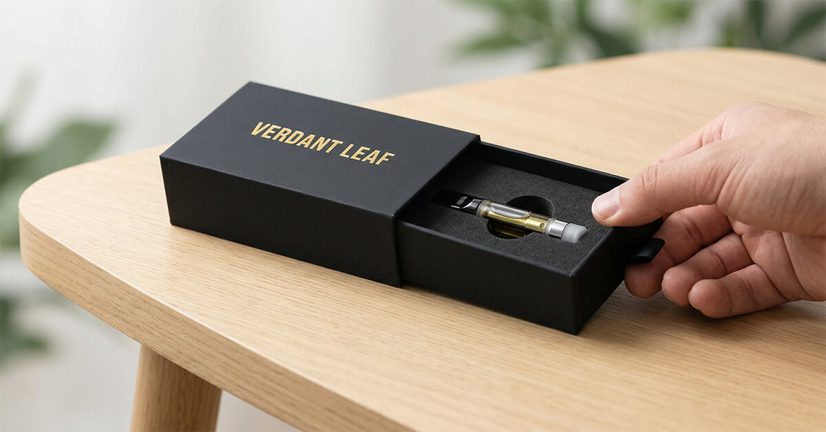 A close-up photograph illustrating the unboxing experience of premium cannabis packaging. A hand is pulling the inner drawer out of a matte black, rigid sliding box sleeve. The sleeve features embossed gold foil stamping of the brand name "VERDANT LEAF." Inside the sliding tray, a custom die-cut foam insert securely holds a glass cannabis vape cartridge.