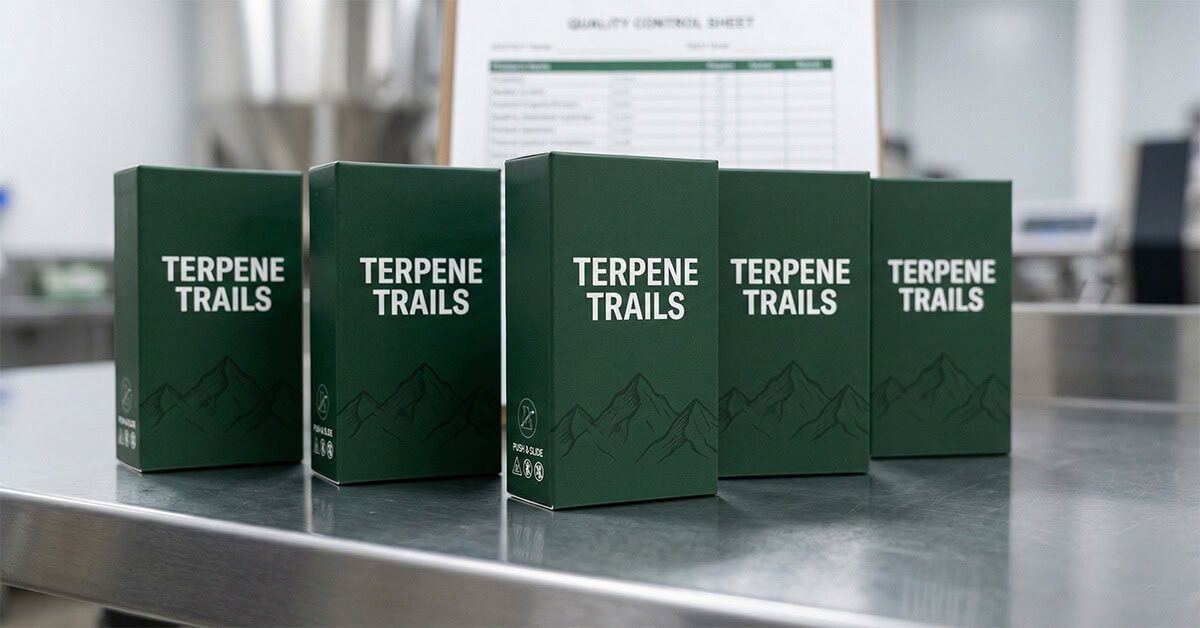 A high-quality lineup of identical forest green, rigid sliding boxes representing compliant packaging. The boxes stand upright in a row on a polished metallic countertop. The central box clearly displays specific text and icons indicating a child-resistant "PUSH & SLIDE" locking mechanism and subtle regulatory compliance symbols. The branding reads "TERPENE TRAILS" in clean white typography.